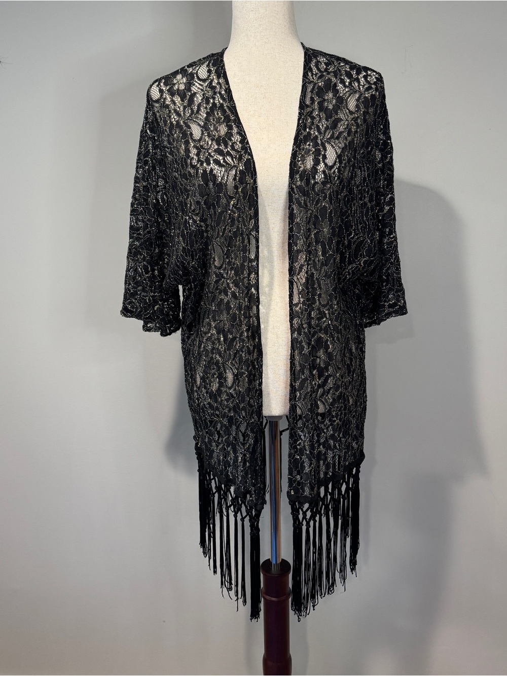 Forever 21 Black Lace Kimono Metallic Gold Fringe Whimsigoth Festival Goth XS